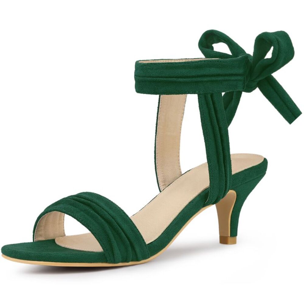 Open Toe Ankle Tie Bridal Kitten Heels Sandals Dark Green
